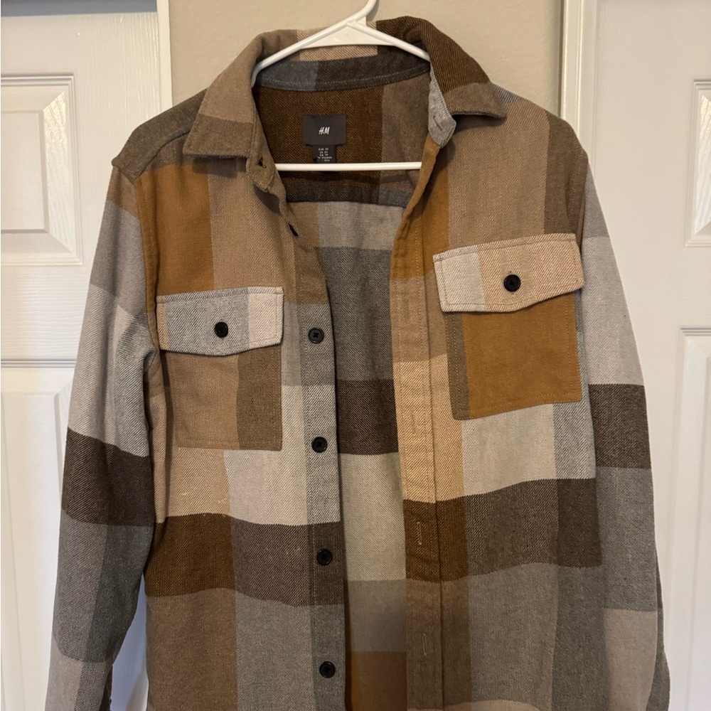 H&M Men's Checkered Shirt Jacket - Brown and Gray